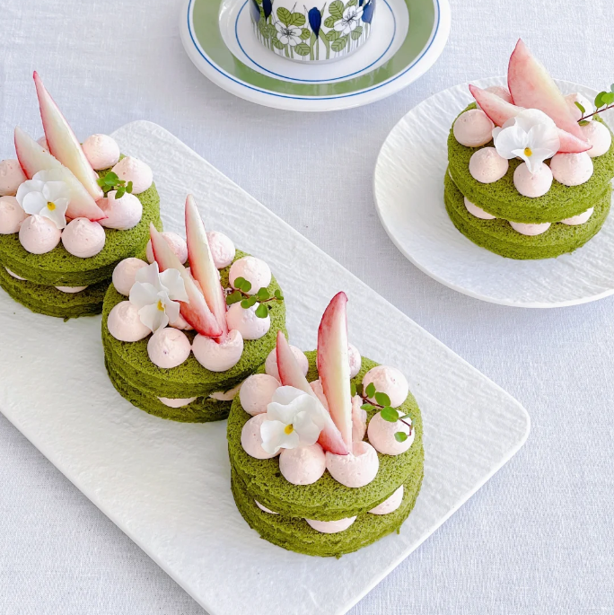 Flower White Peach Matcha Cake Baking Tutorial At Home